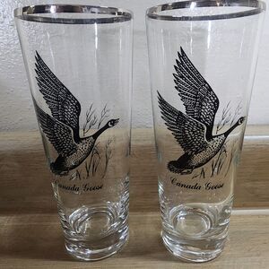 Canada Goose Tall Pilsner Glass Silver Rim Set of 2 Federal Glass 6.75"